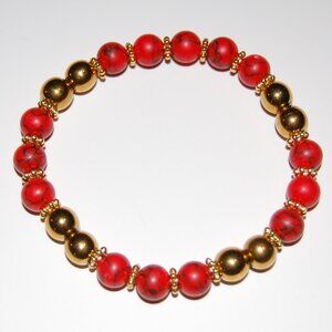 Red and Gold Bracelet,Red Howlite and Golden 8mm Beads